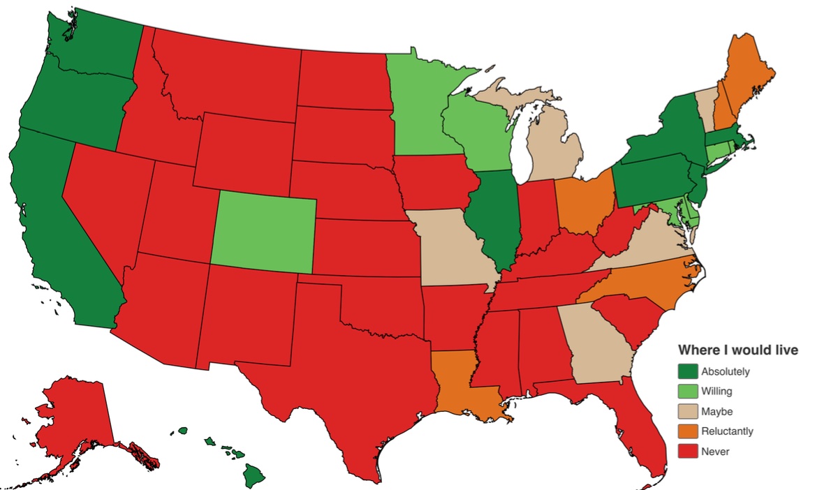 Where I would live as a trans 20 something yr old woman: USA states map with 50 states colored