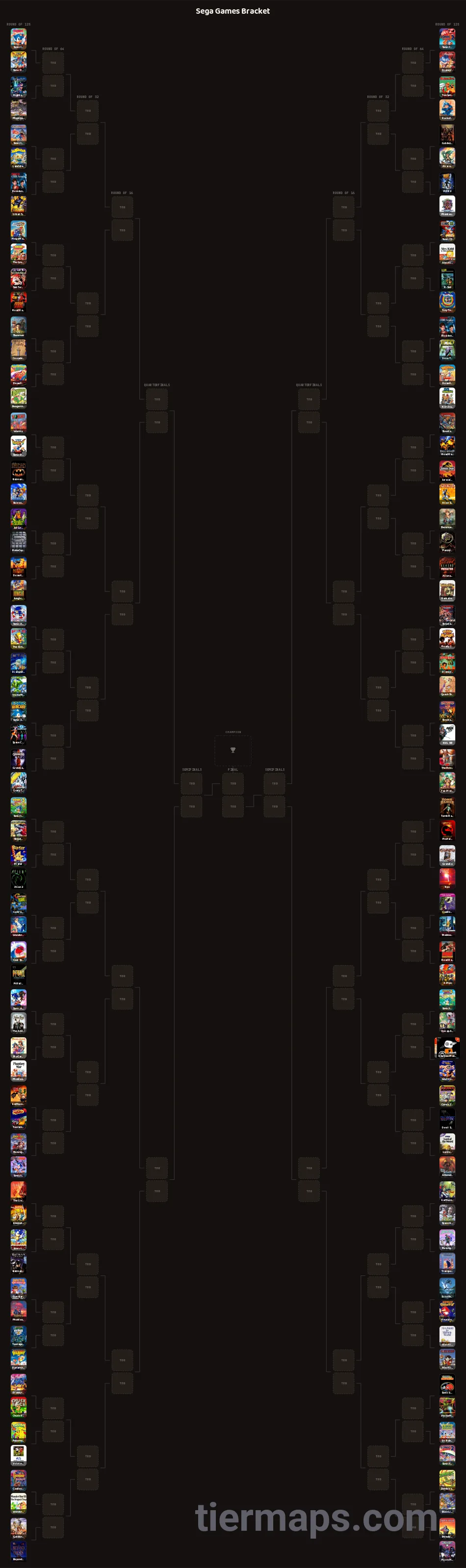 Sega Games Bracket: Bracket with 128 entries, Entries: Sonic the Hedgehog, Sonic the Hedgehog 2, Tomb Raider