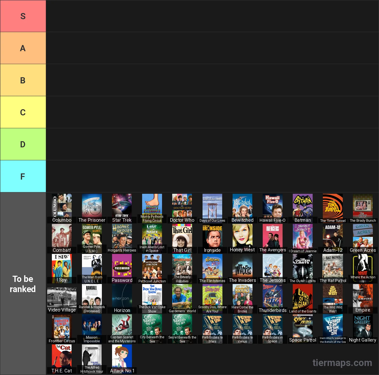 1960s TV Shows Tier List: Tier List with 6 tiers, S