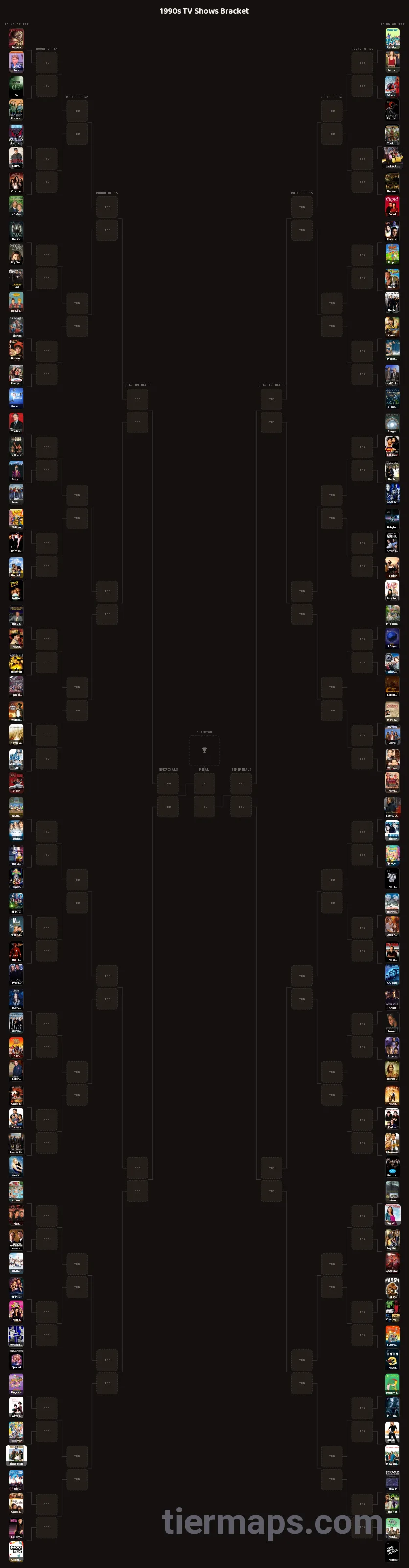 1990s TV Shows Bracket: Bracket with 128 entries, Entries: Berserk, Family Guy, Law & Order: Special Victims Unit