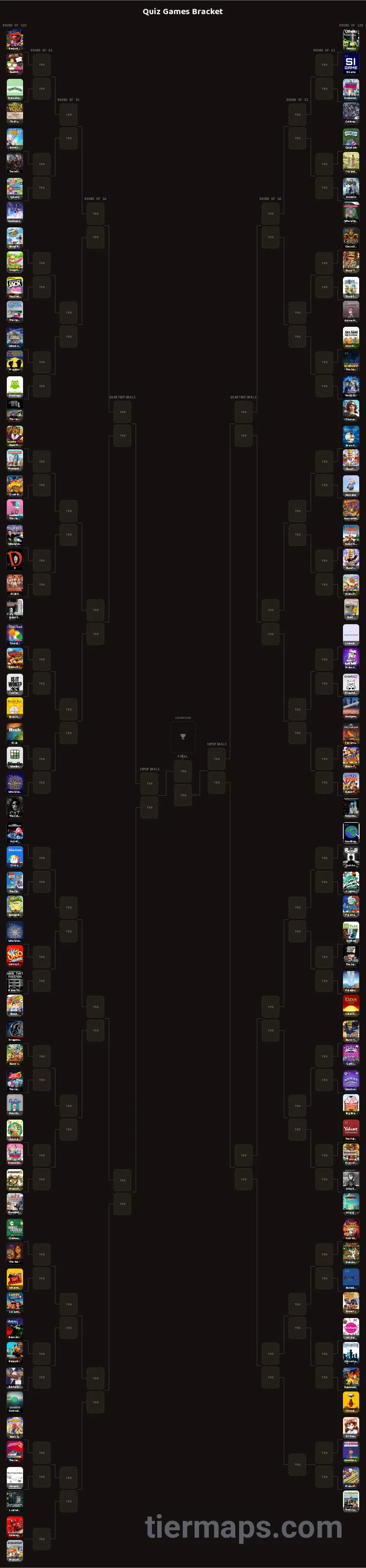 Quiz Games Bracket: Bracket with 122 entries, Entries: Banjo-Kazooie, Mario Party, Banjo-Tooie