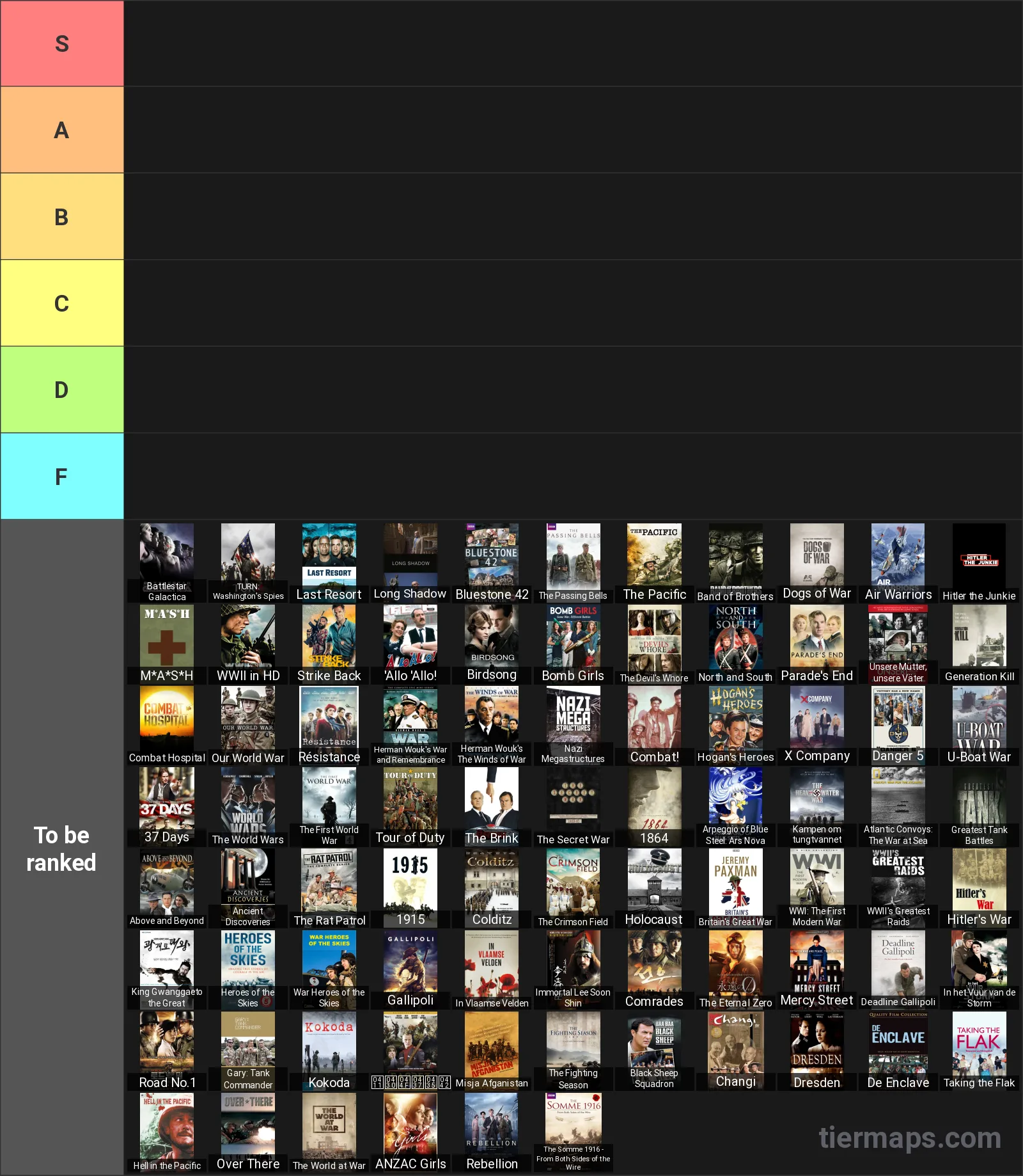 War TV Shows Tier List: Tier List with 6 tiers, S