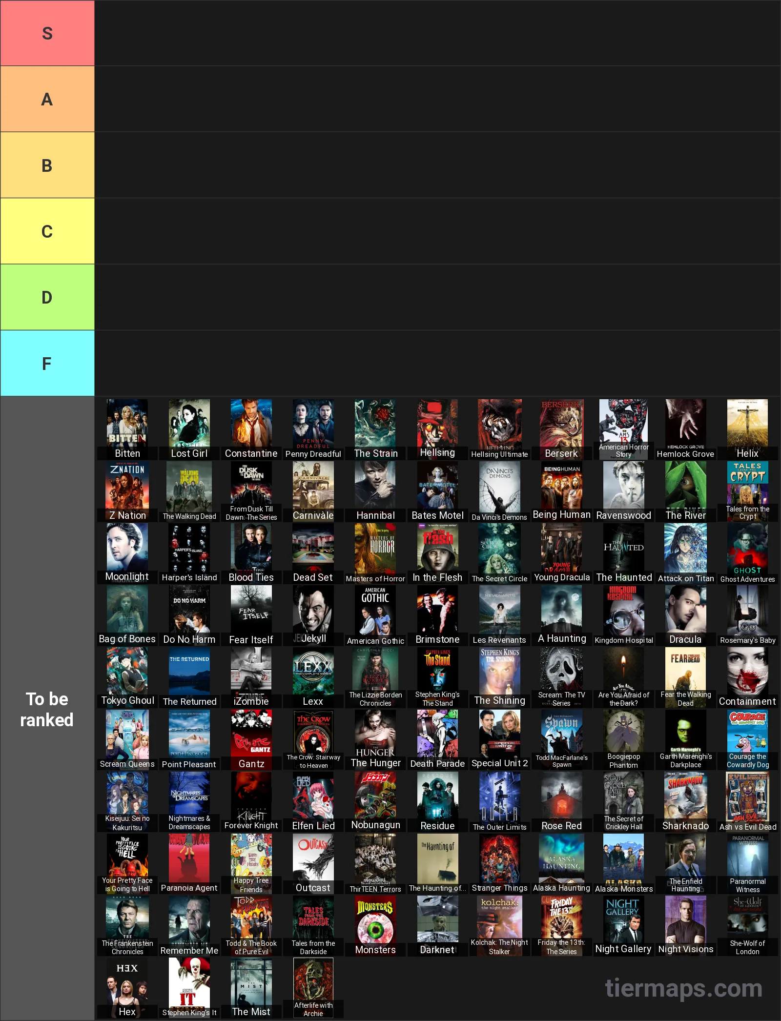 Horror TV Shows Tier List: Tier List with 6 tiers, S