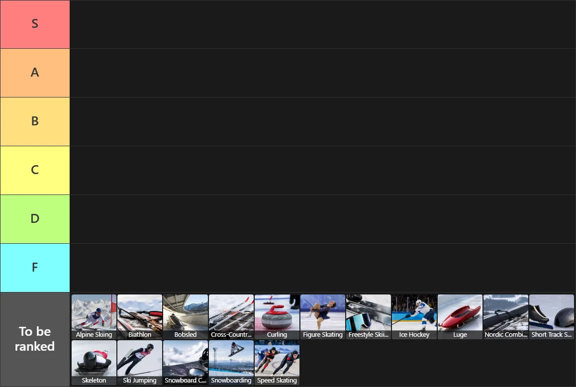 Winter Olympic Sports Tier List: Tier List with 6 tiers, S