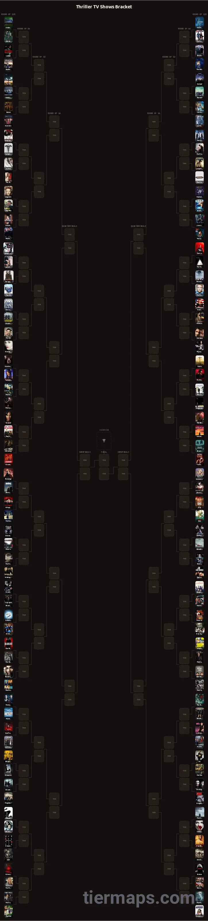 Thriller TV Shows Bracket: Bracket with 128 entries, Entries: Under the Dome, True Detective, Homeland