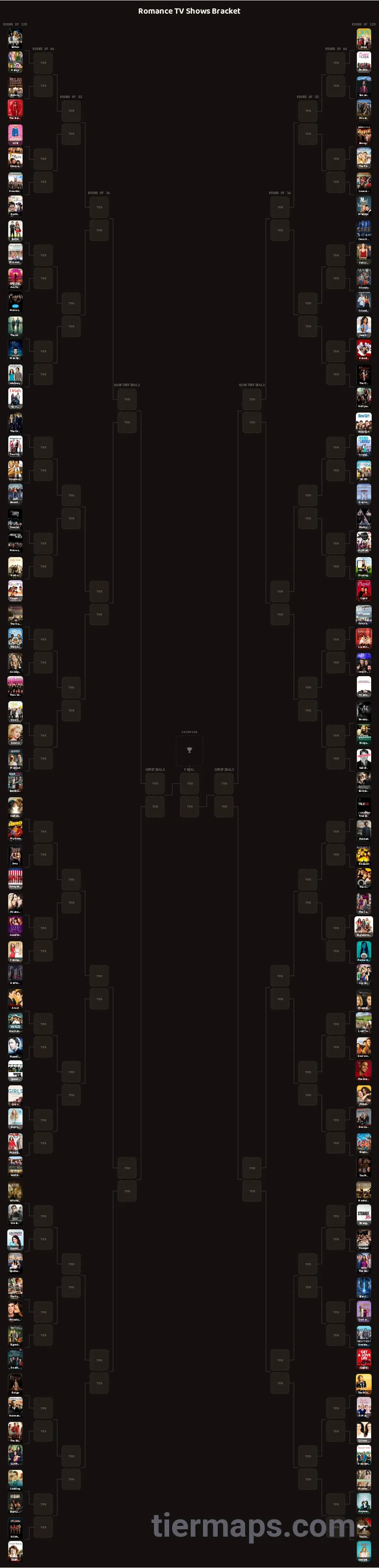 Romance TV Shows Bracket: Bracket with 128 entries, Entries: Bitten, Glee, True Blood