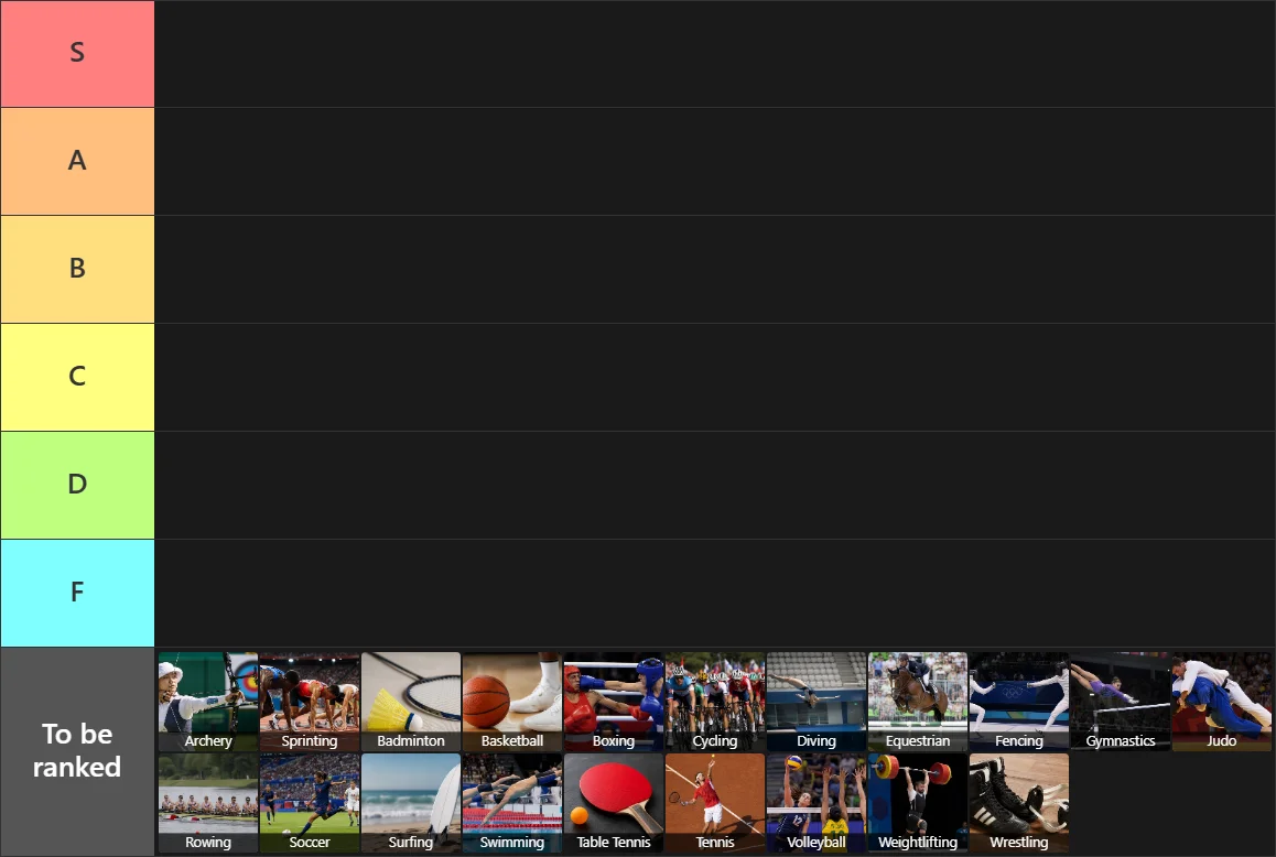 Summer Olympic Sports Tier List: Tier List with 6 tiers, S