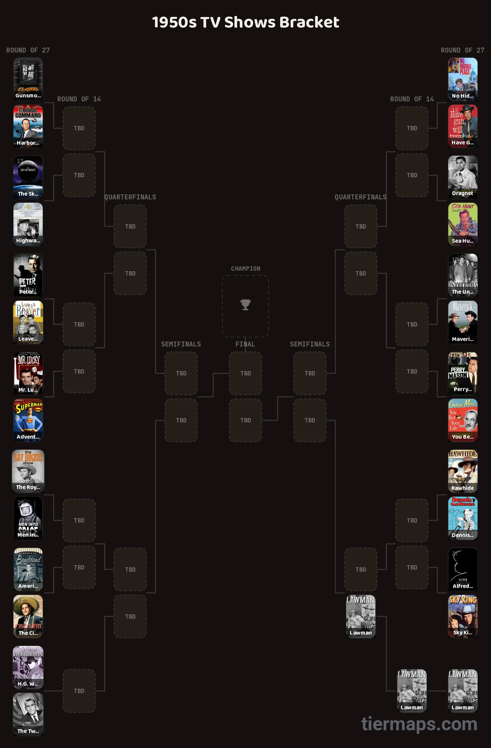 1950s TV Shows Bracket: Bracket with 27 entries, Entries: Gunsmoke, The Twilight Zone, Perry Mason