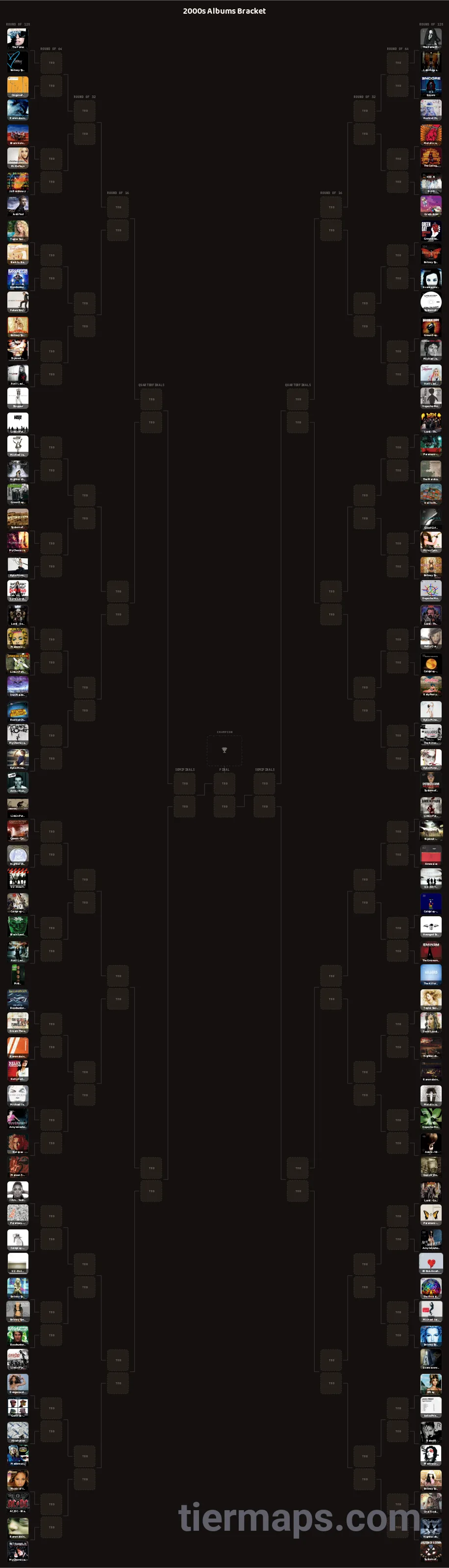 2000s Albums Bracket: Bracket with 128 entries, Entries: The Fame, The Fame Monster, Linkin Park - Hybrid Theory