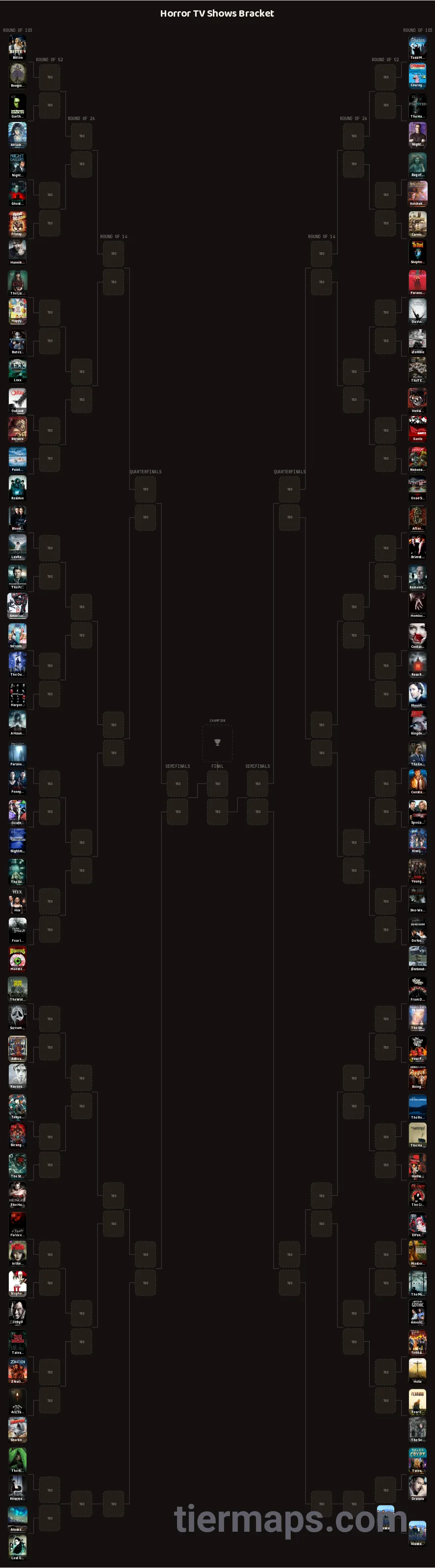 Horror TV Shows Bracket: Bracket with 103 entries, Entries: Bitten, Lost Girl, Constantine