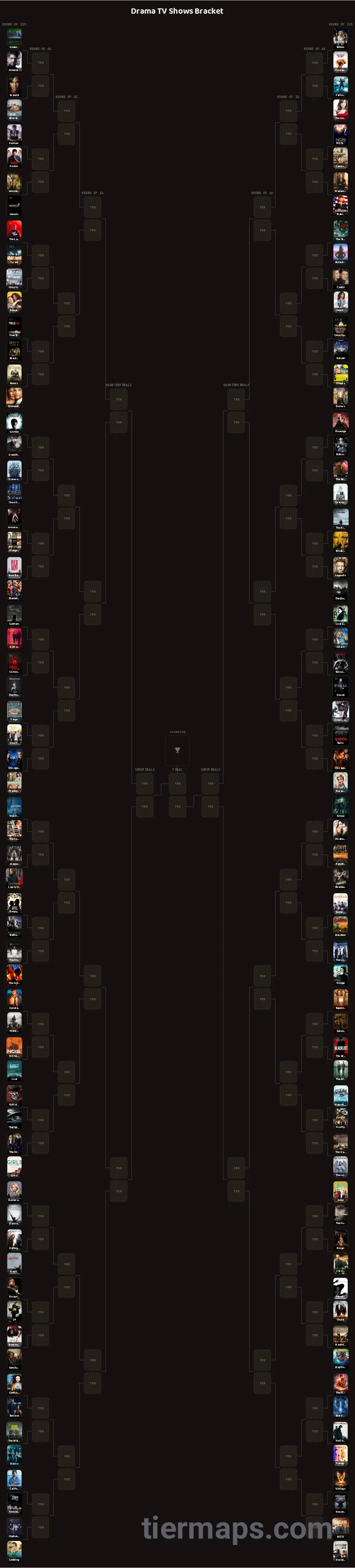 Drama TV Shows Bracket: Bracket with 128 entries, Entries: Under the Dome, Bitten, Arrow