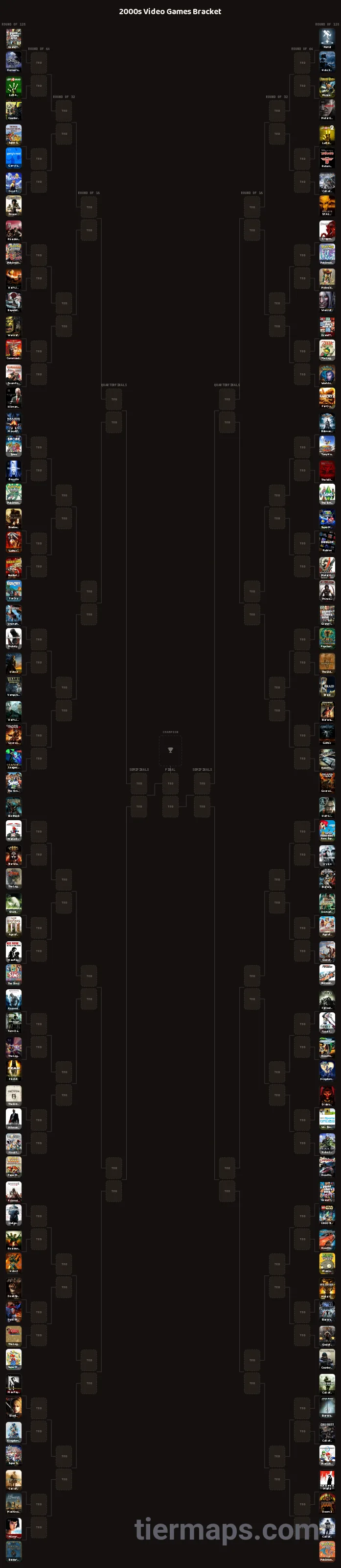 2000s Video Games Bracket: Bracket with 128 entries, Entries: Grand Theft Auto: San Andreas, Portal, Half-Life 2