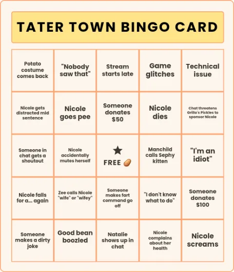 Tater Town Bingo Card
