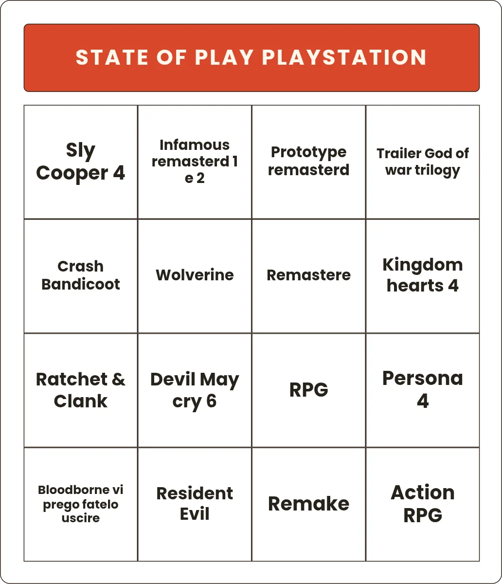 New Bingo Card: Bingo Card with 4x4 bingo card, Squares: Sly Cooper 4, Infamous remasterd 1 e 2, Prototype remasterd