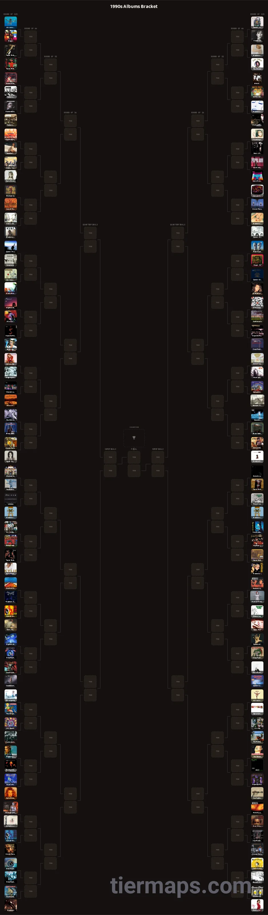 1990s Albums Bracket: Bracket with 128 entries, Entries: Nirvana - Nevermind, Queen - Innuendo, Metallica - Metallica