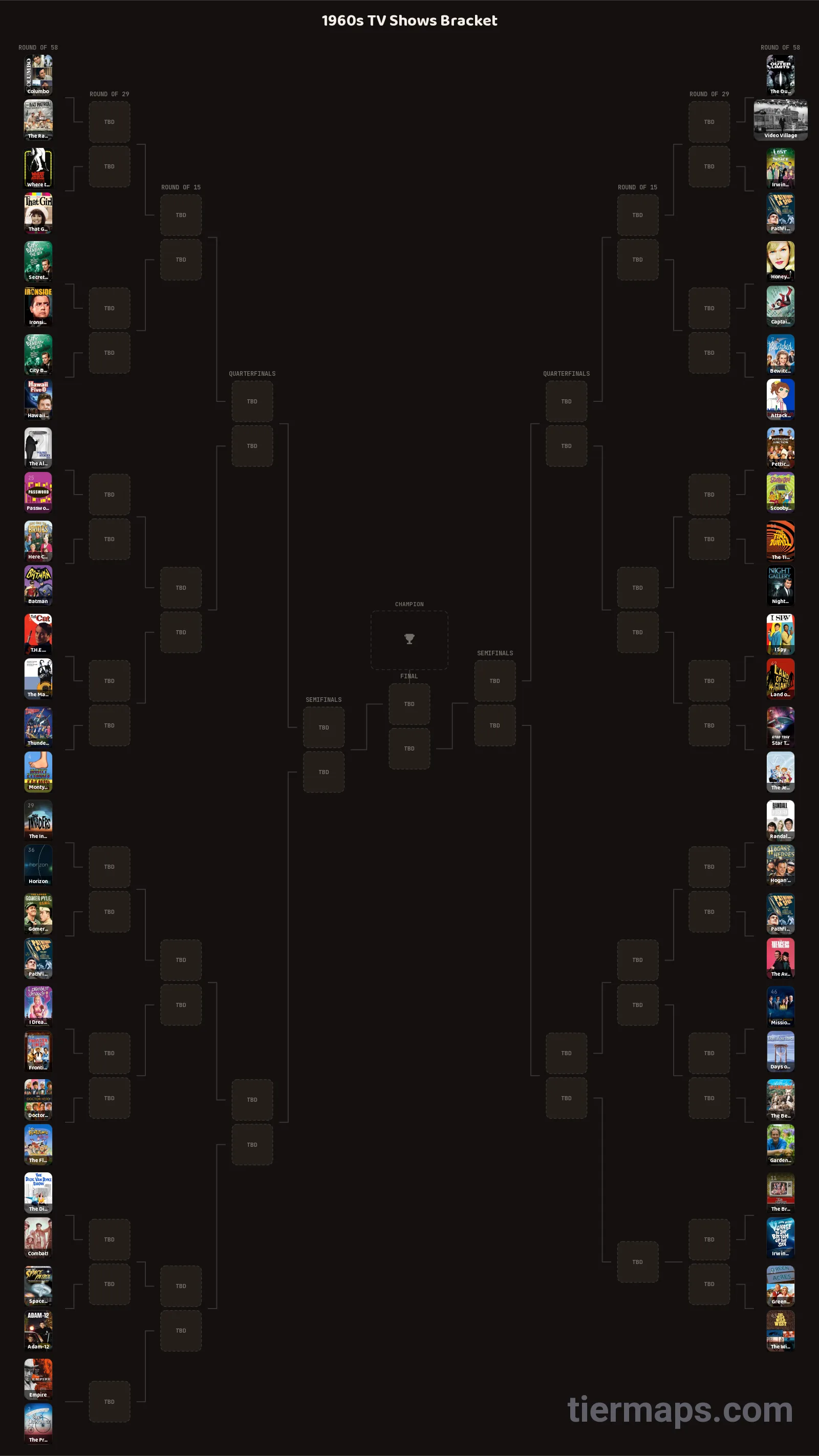 1960s TV Shows Bracket: Bracket with 58 entries, Entries: Columbo, The Prisoner, Star Trek