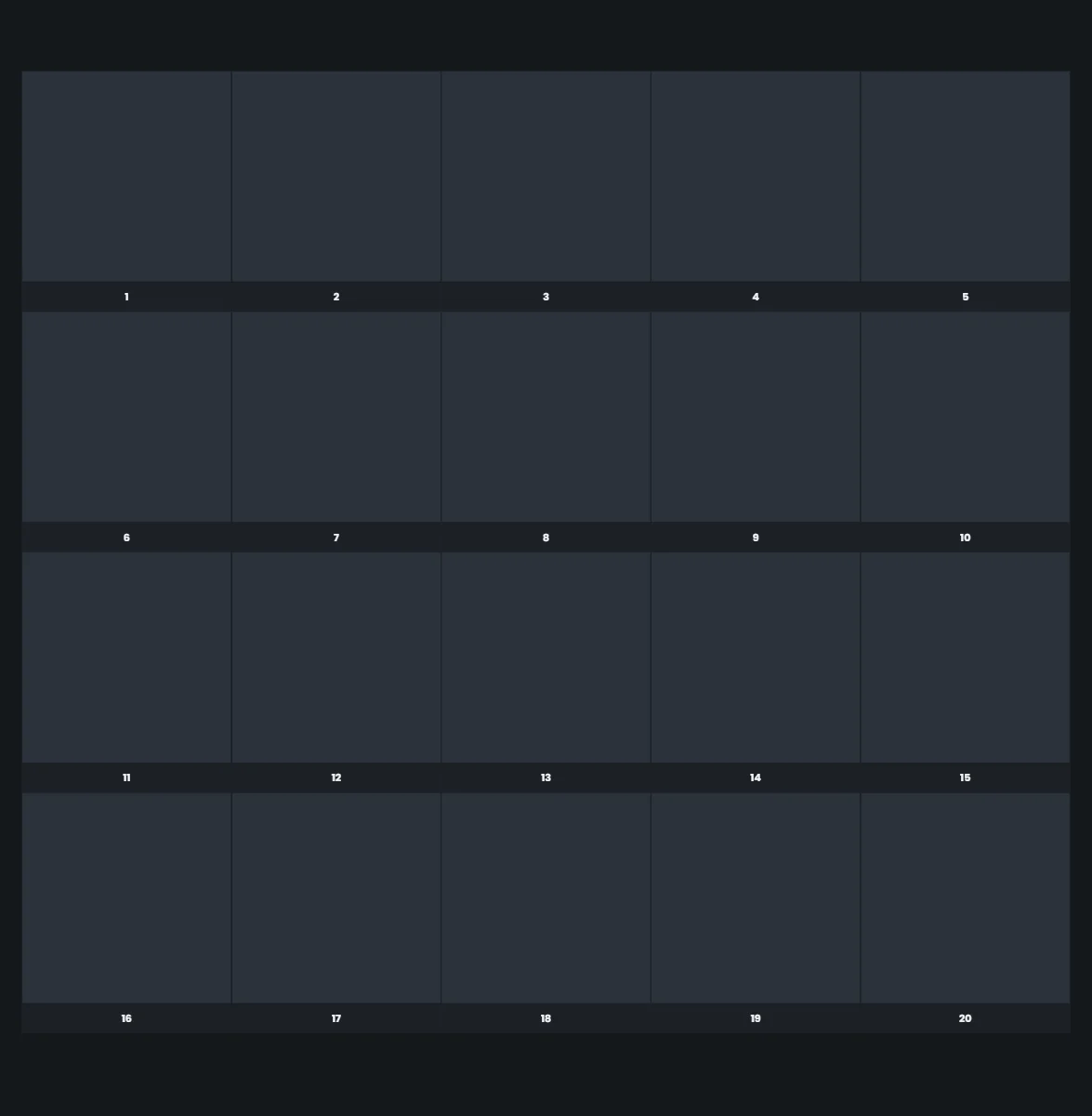 My top 20 anime: Grid with 20 tiles, 5 per row, Prompts: 1, 2, 3