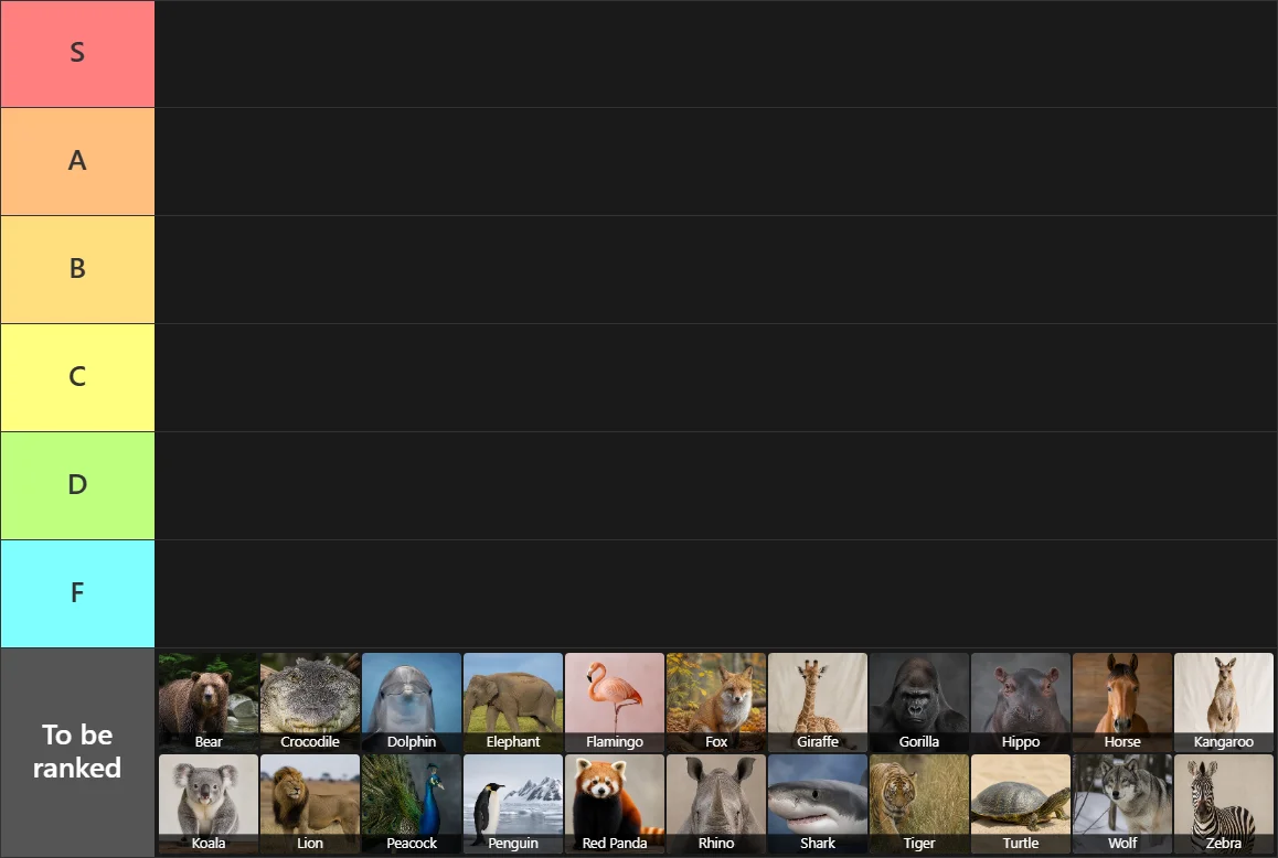 Animals Tier List: Tier List with 6 tiers, S