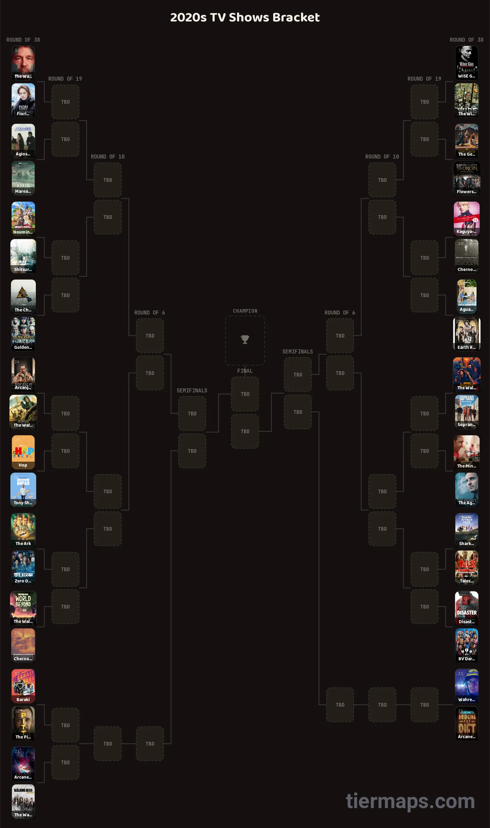 2020s TV Shows Bracket: Bracket with 38 entries, Entries: The Walk-In, The Walking Dead: Origins, The Walking Dead: Dead City
