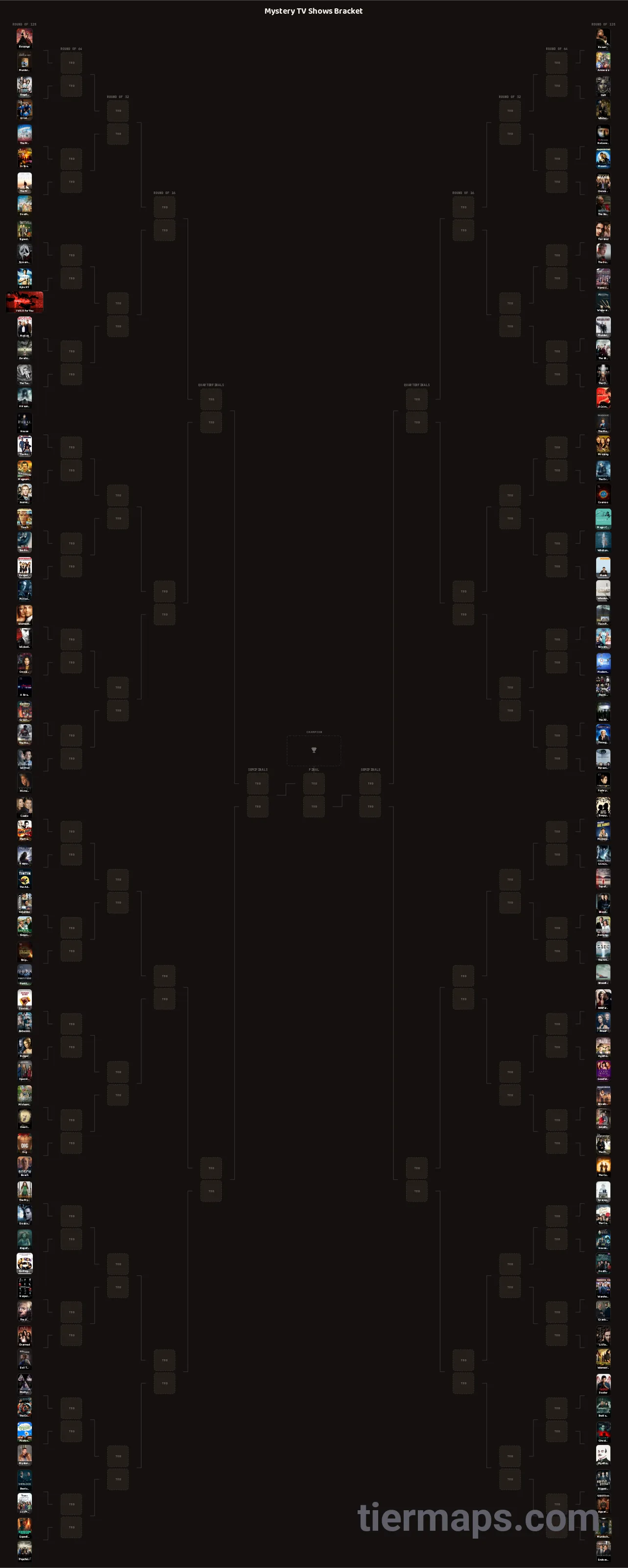 Mystery TV Shows Bracket: Bracket with 128 entries, Entries: Revenge, Resurrection, Sleepy Hollow