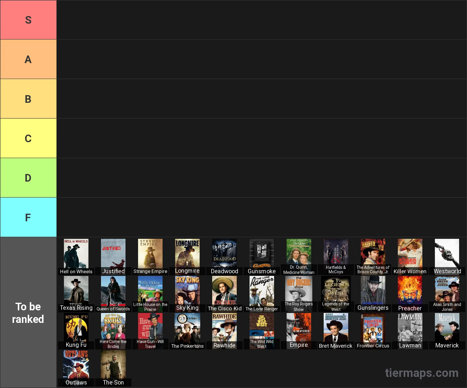 Western TV Shows Tier List: Tier List with 6 tiers, S