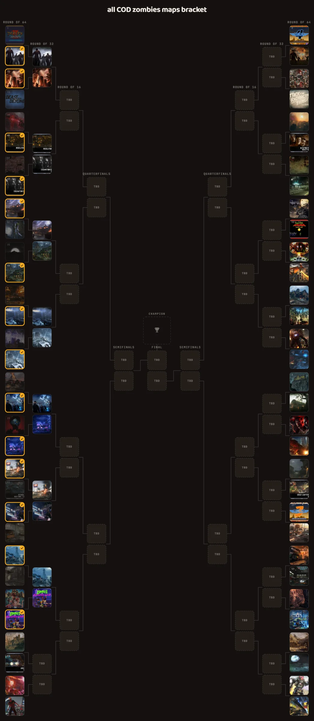 all COD zombies maps bracket: Bracket with 64 entries, Entries: dead ops arcade 2, dead ops arcade 4, rex infernus