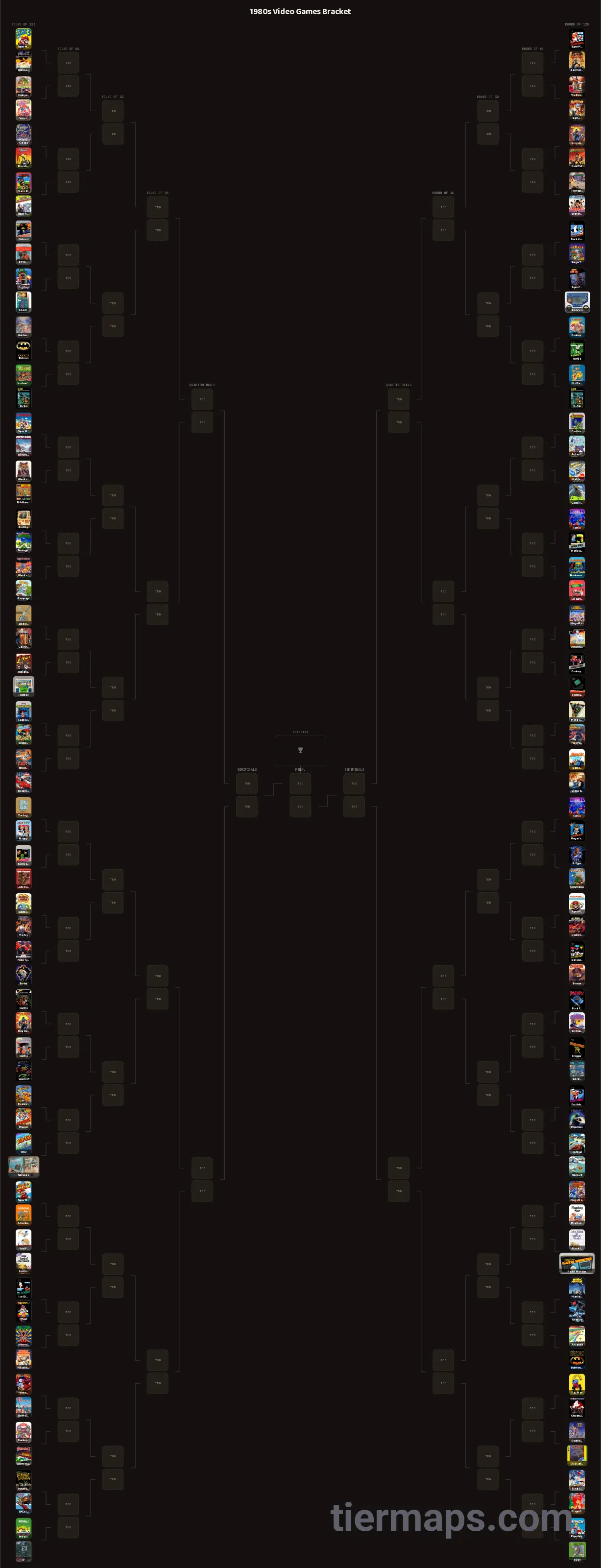 1980s Video Games Bracket: Bracket with 128 entries, Entries: Super Mario Bros. 3, Super Mario Bros., Tetris
