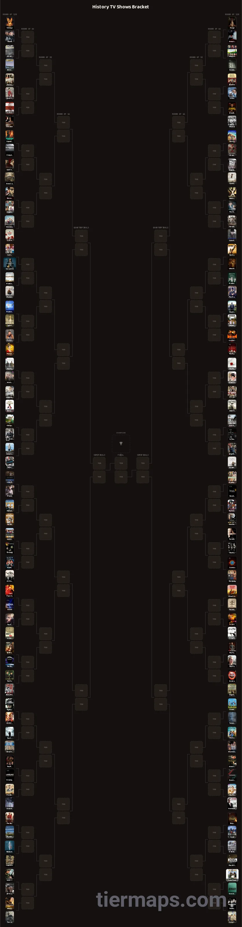 History TV Shows Bracket: Bracket with 128 entries, Entries: Vikings, Reign, Masters of Sex