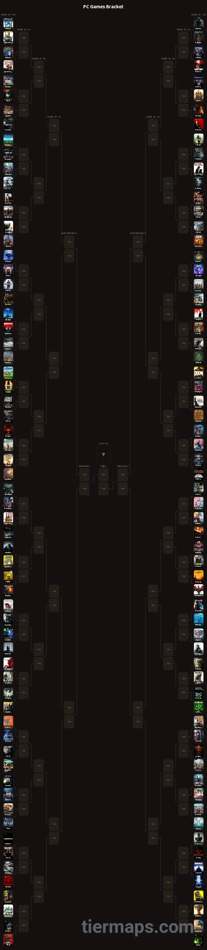 PC Games Bracket: Bracket with 128 entries, Entries: Portal 2, The Elder Scrolls V: Skyrim, Half-Life 2