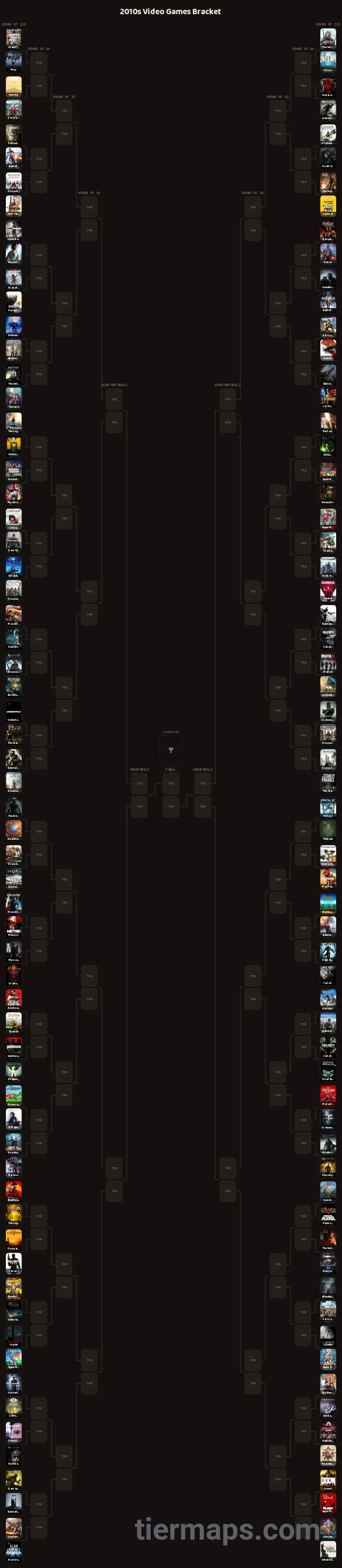 2010s Video Games Bracket: Bracket with 128 entries, Entries: Grand Theft Auto V, The Witcher 3: Wild Hunt, Portal 2