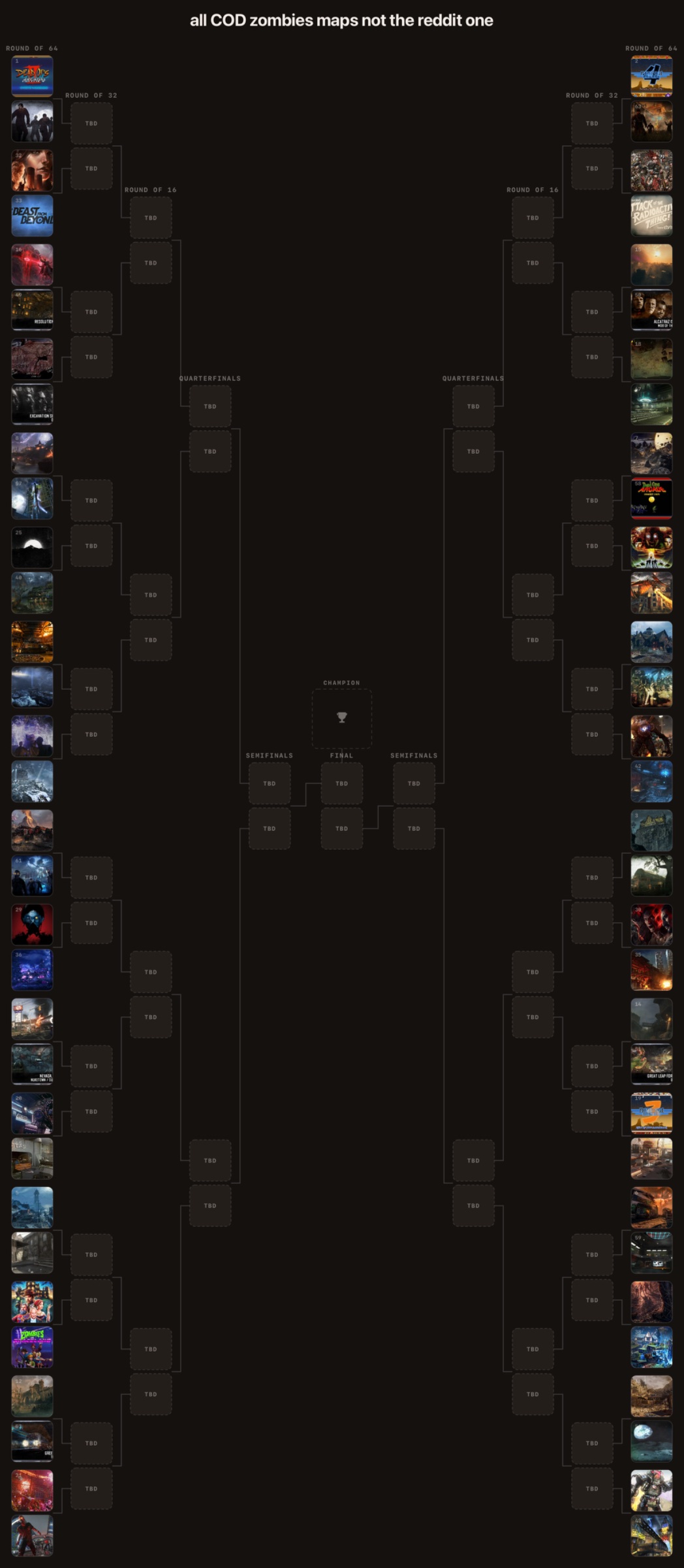 Zombies maps: Bracket with 64 entries, Entries: dead ops arcade 2, dead ops arcade 4, rex infernus