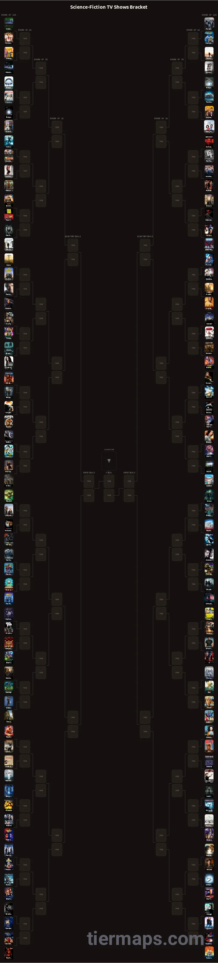 Science-Fiction TV Shows Bracket: Bracket with 128 entries, Entries: Under the Dome, Person of Interest, Arrow