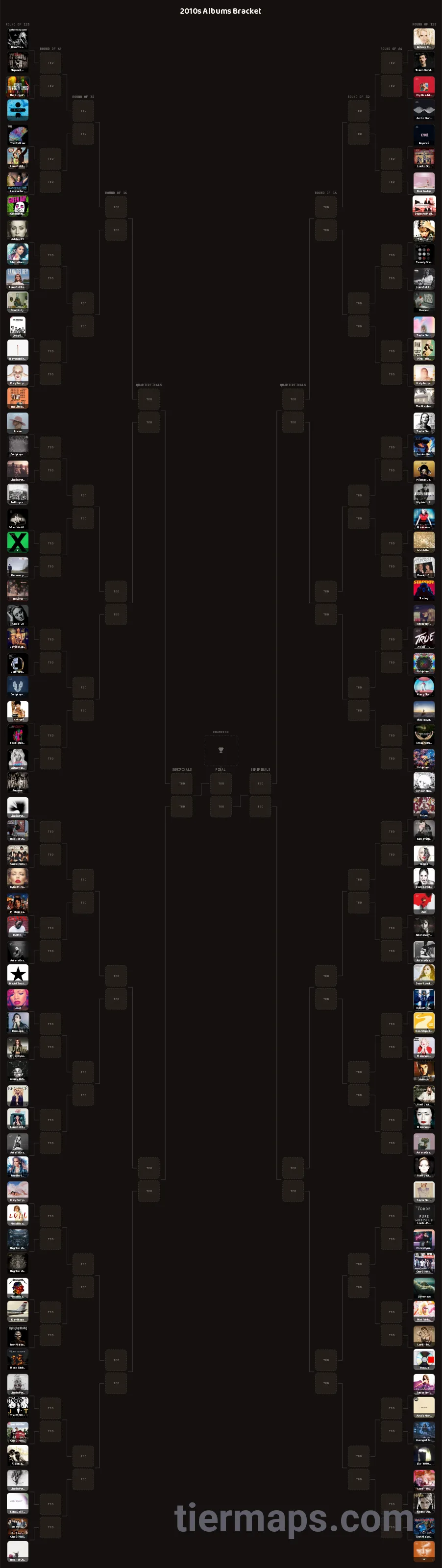 2010s Albums Bracket: Bracket with 128 entries, Entries: Born This Way, Britney Spears - Femme Fatale, Artpop