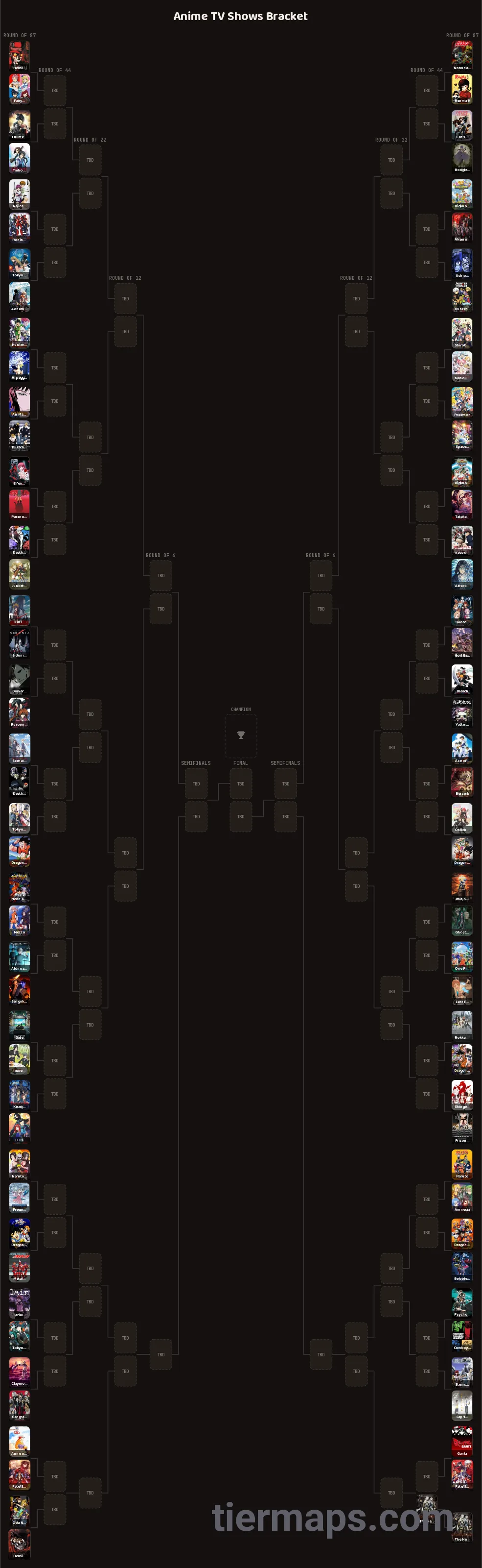 Anime TV Shows Bracket: Bracket with 87 entries, Entries: Hellsing, Hellsing Ultimate, Berserk