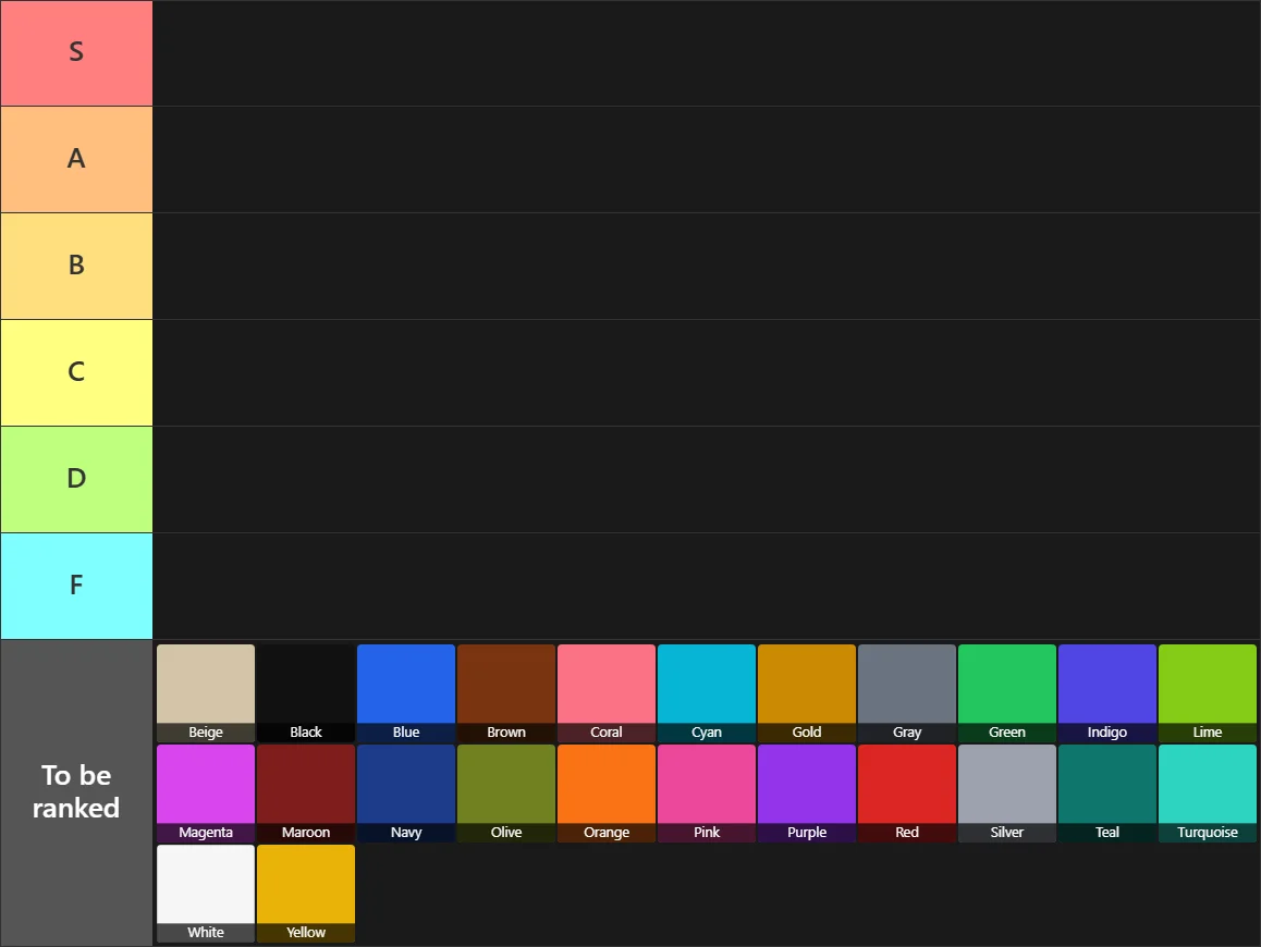 Colors Tier List: Tier List with 6 tiers, S