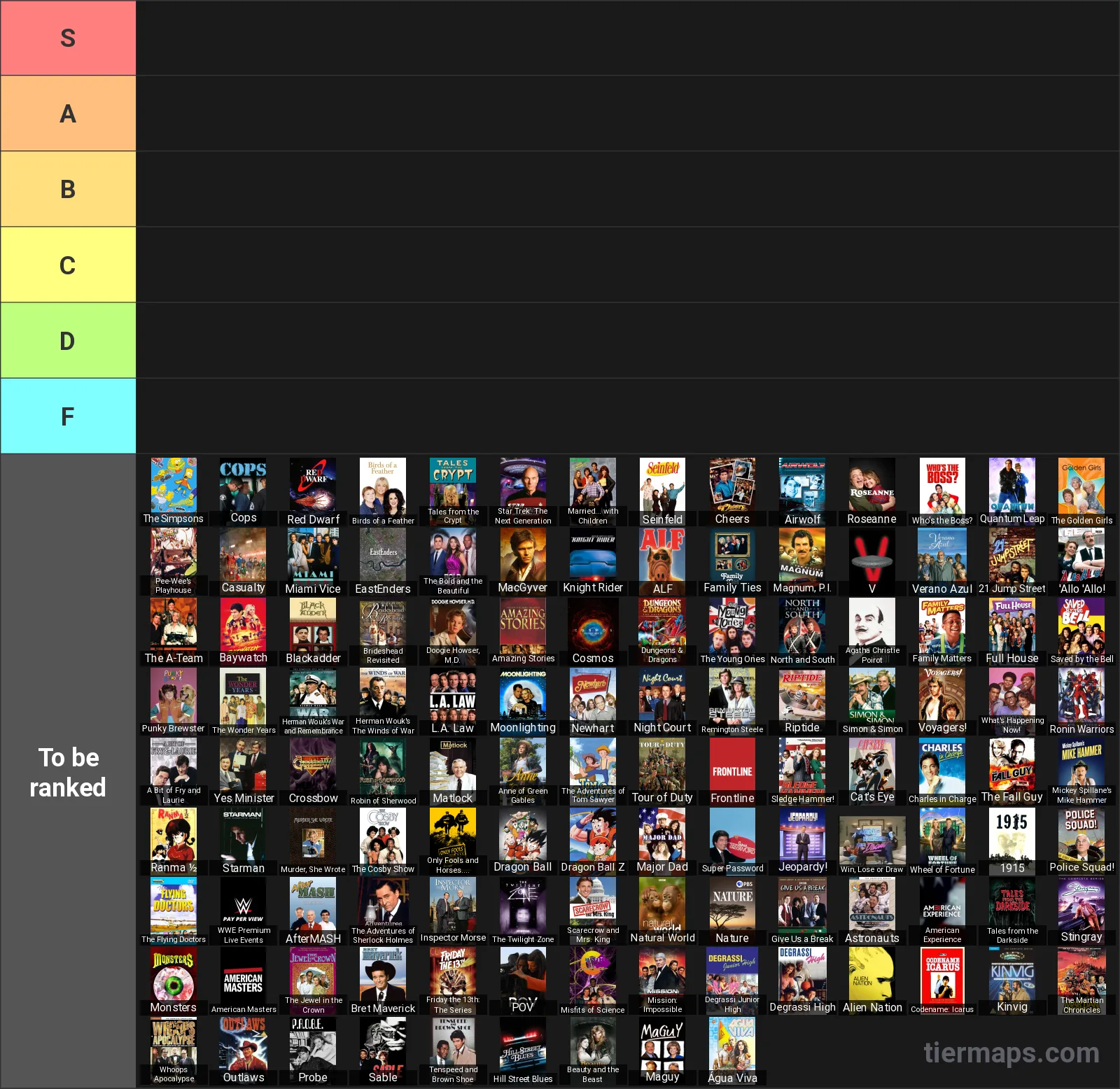 1980s TV Shows Tier List: Tier List with 6 tiers, S