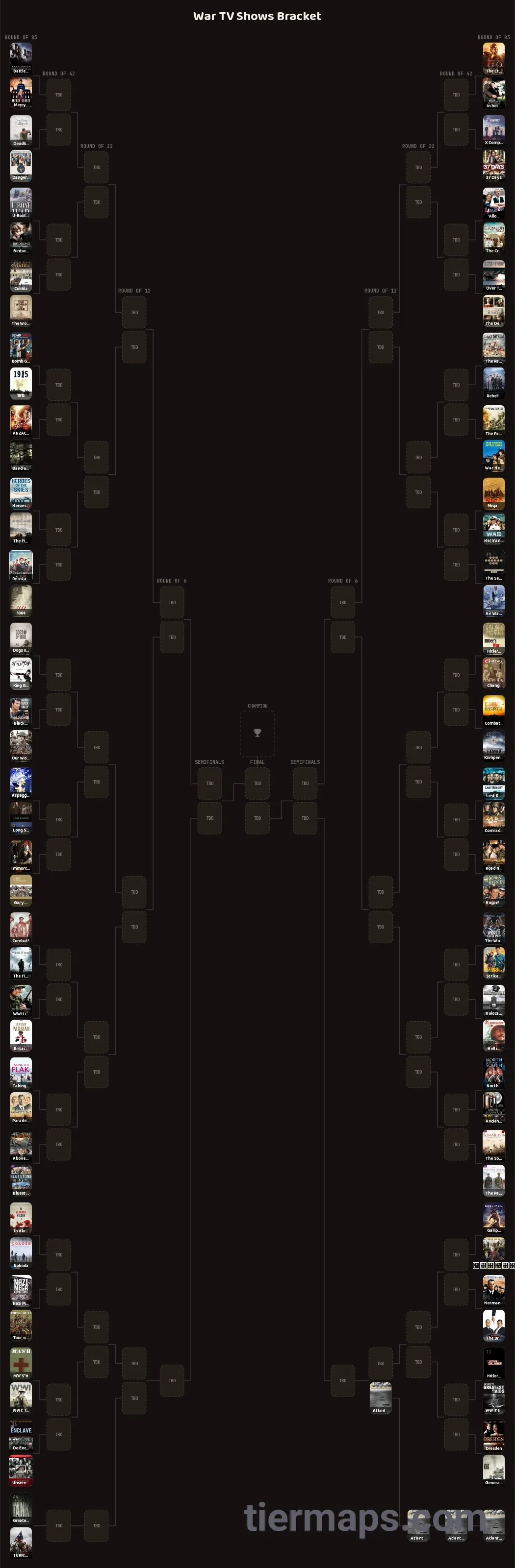 War TV Shows Bracket: Bracket with 83 entries, Entries: Battlestar Galactica, TURN: Washington's Spies, Last Resort
