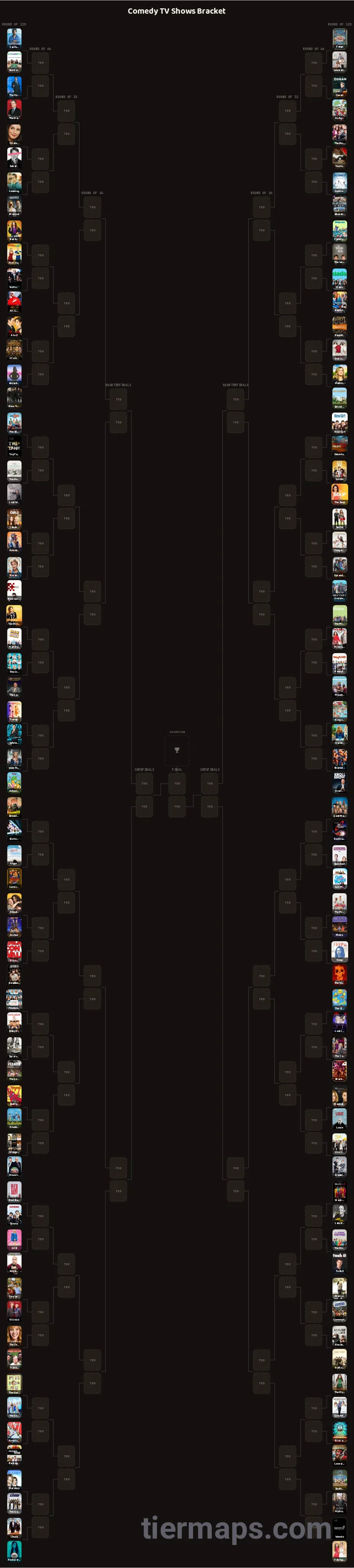 Comedy TV Shows Bracket: Bracket with 128 entries, Entries: Californication, Fargo, Last Man Standing