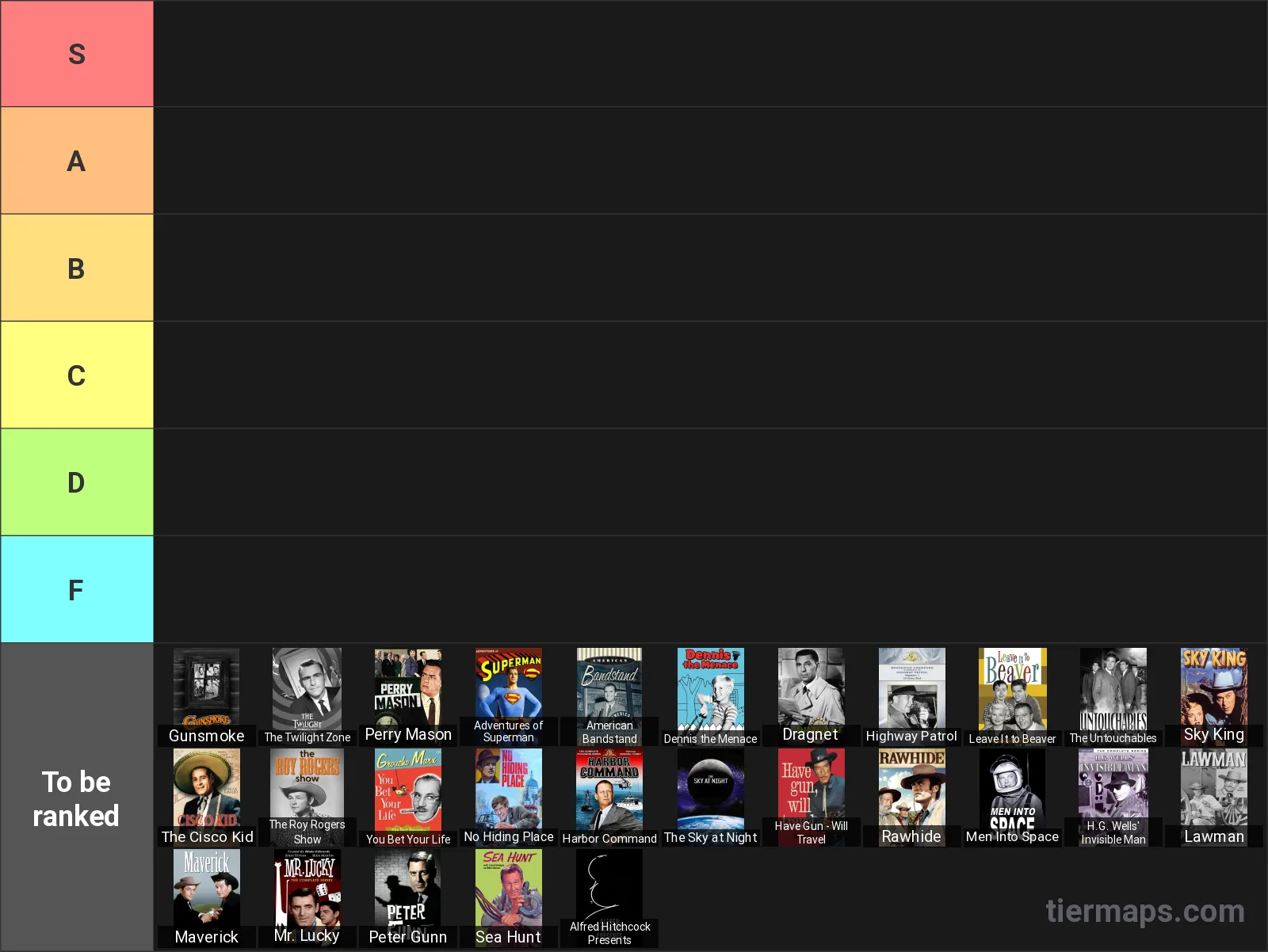 1950s TV Shows Tier List: Tier List with 6 tiers, S
